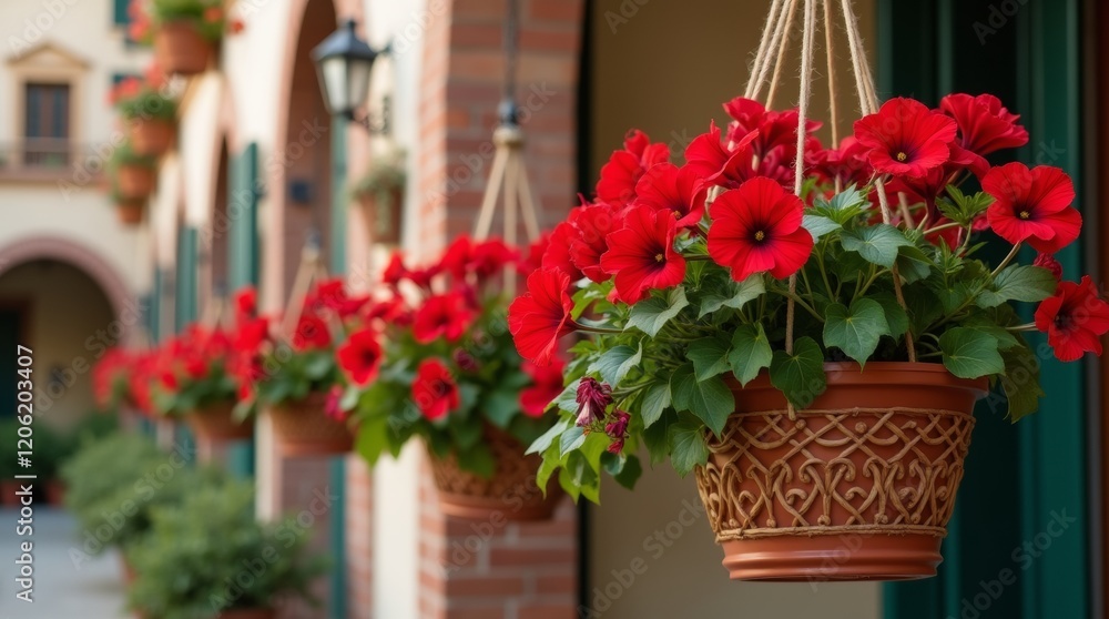 Elegant hanging baskets with bright red geraniums in a Mediterranean-style courtyard. The soft evening light creates a warm and inviting feel. Elegant hanging baskets with bright red geraniums in a Mediterranean-style courtyard. The soft evening light creates a warm and inviting feel.