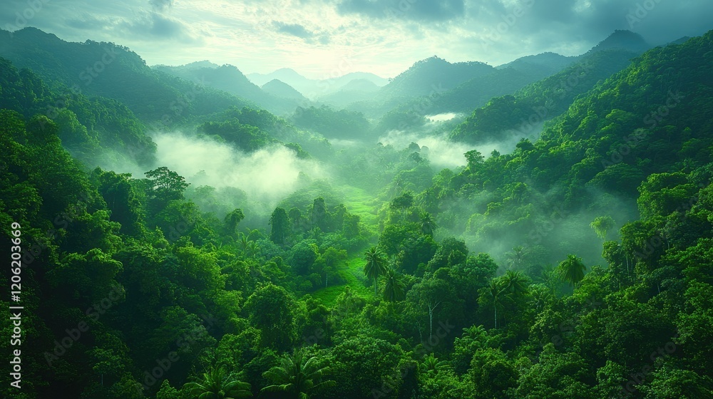 Obraz premium Lush green valley surrounded by mountains, shrouded in mist, evoking tranquility and natural beauty.