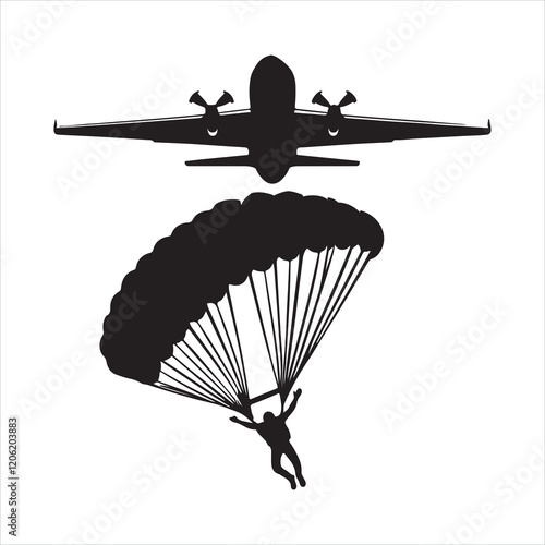 An illustration of a silhouette of a stickman parachuting from an airplane silhouette on white background
