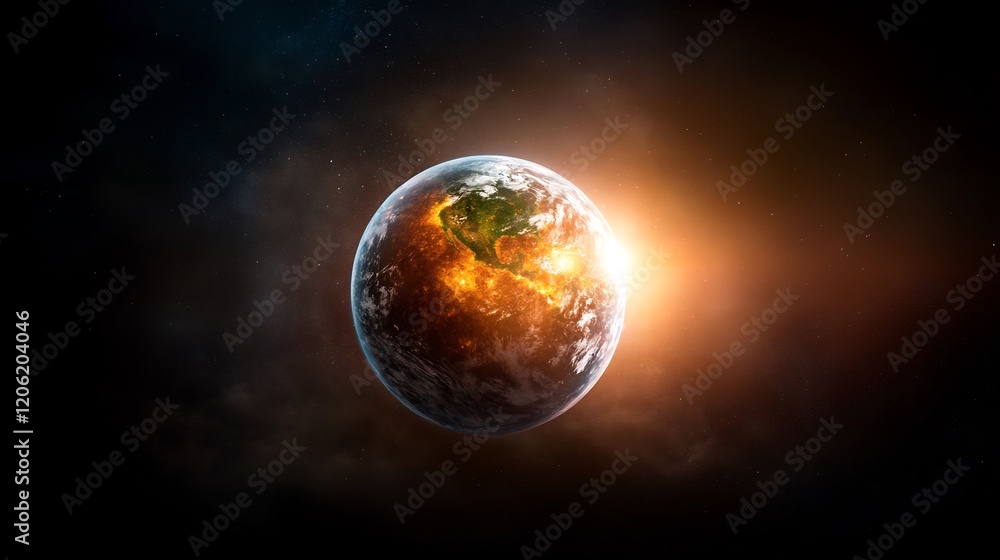 Sunrise illuminates Earth glowing warmly against dark space. AI Generated Sunrise illuminates Earth glowing warmly against dark space. AI Generated