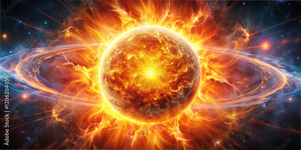 Fototapeta premium A radiant sun bursts with golden solar flares amidst a colorful cosmic backdrop. This spectacular display showcases the energy and beauty of the universe, highlighting stellar phenomena