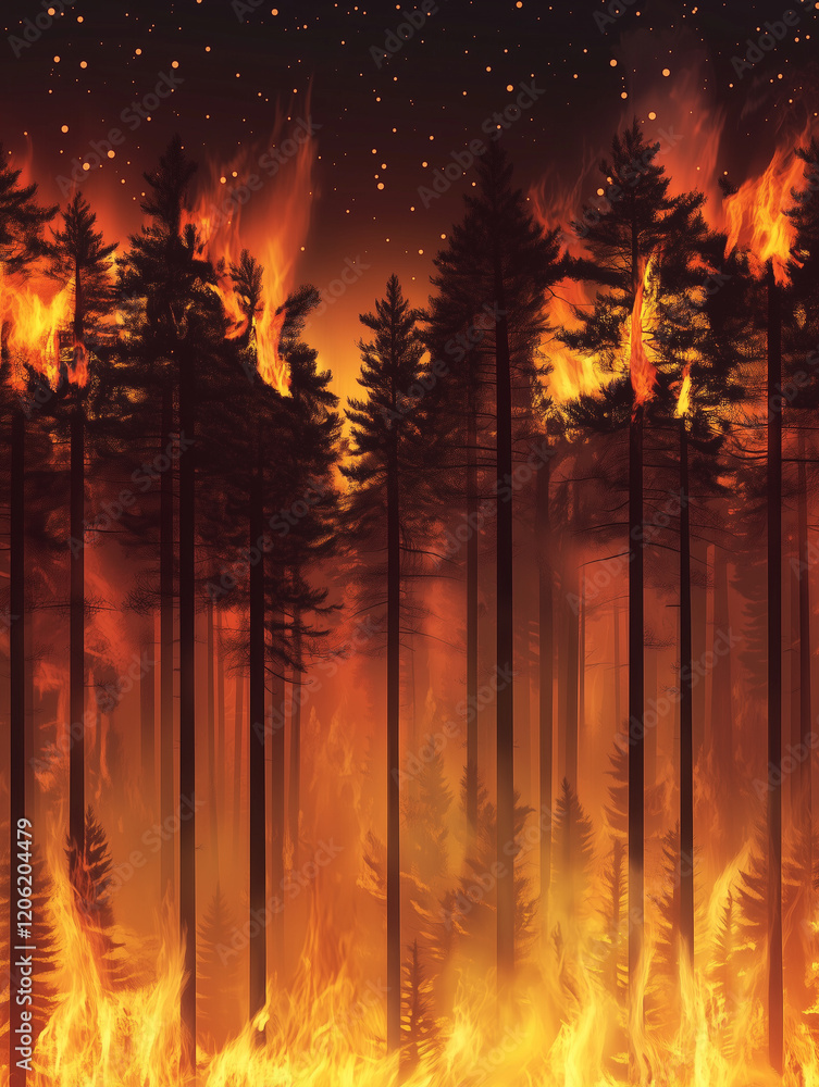 Fototapeta premium Forest fire disaster illustration, trees burning at night, wildfire nature destruction, damaged environment caused by global warming