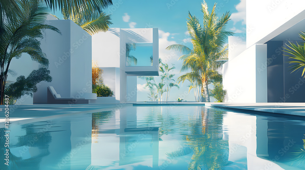 Fototapeta premium Contemporary villa with peaceful poolside view.