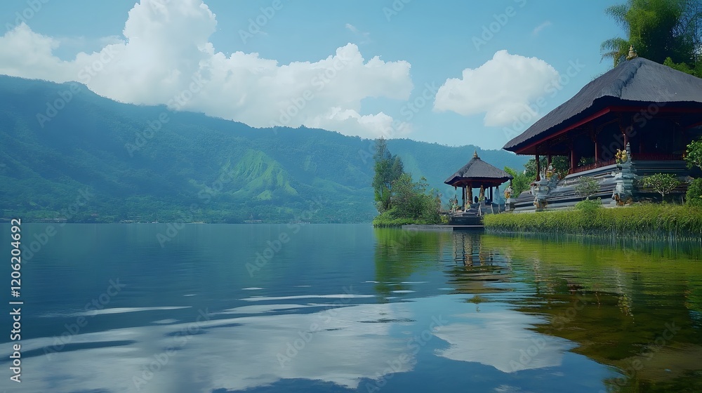 Fototapeta premium Tranquil Lake Temple Scenic Mountain View