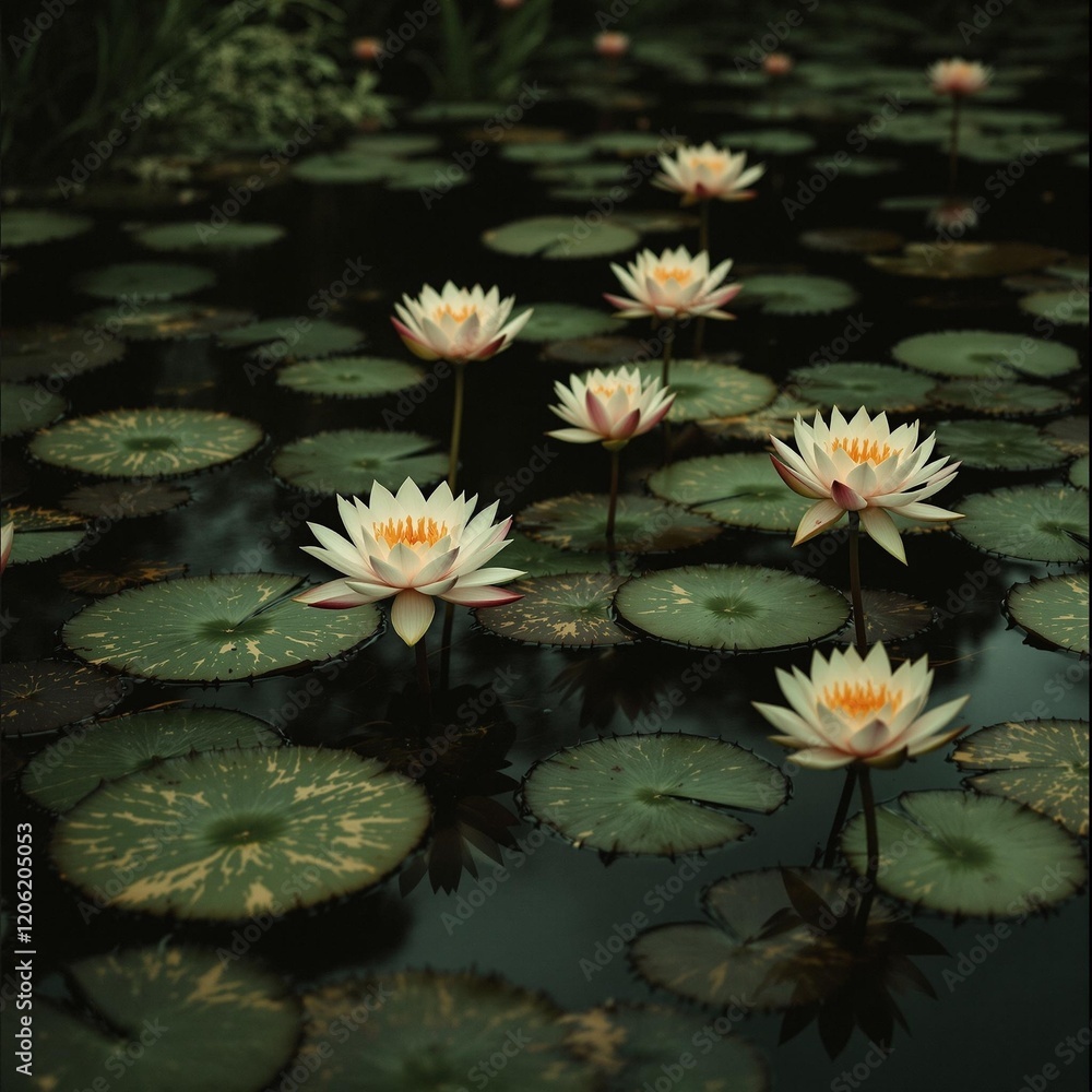 Water lilies blooming on a tranquil garden pond
Water lilies blooming on a tranquil garden pond