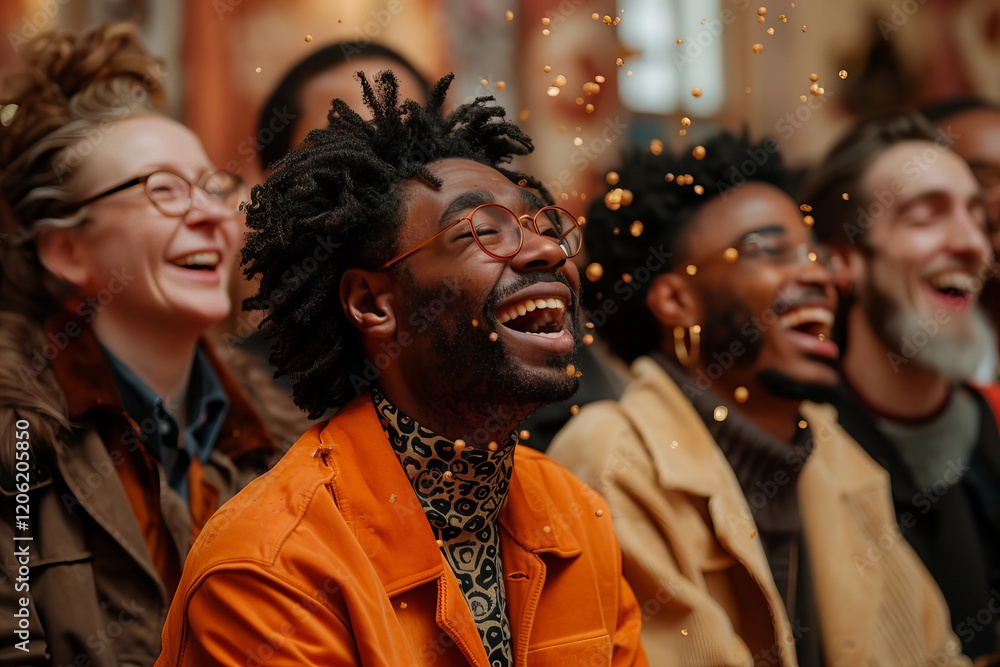 Title: Diverse Group of Smiling People Watching a Spectacular 4k Gold Particles Explosion Title: Diverse Group of Smiling People Watching a Spectacular 4k Gold Particles Explosion