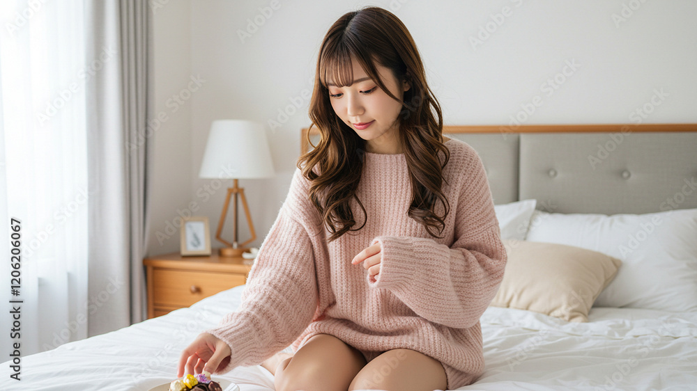 ピンクのニットに包まれた女性のリラックスタイム ピンクのニットに包まれた女性のリラックスタイム