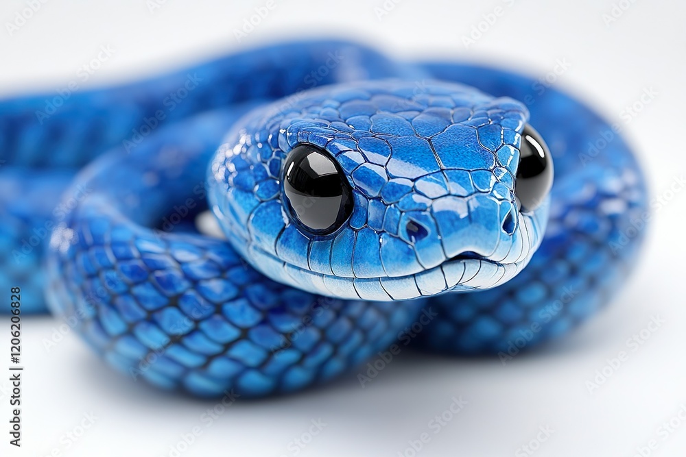 Fototapeta premium A cute, big-eyed blue snake character figure crouching on a white background
