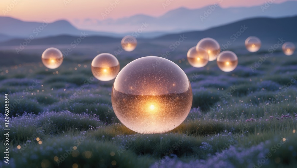 Magical Glowing Spheres in Tranquil Lavender Field at Dusk Magical Glowing Spheres in Tranquil Lavender Field at Dusk