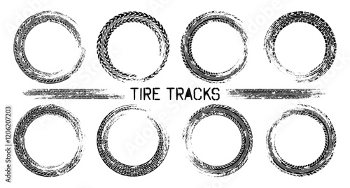 Grunge circle tire tracks, wheel braking marks. Truck, car or motorcycle tread pattern silhouettes. Auto race, motorsport, speed racing design element. Vector illustration