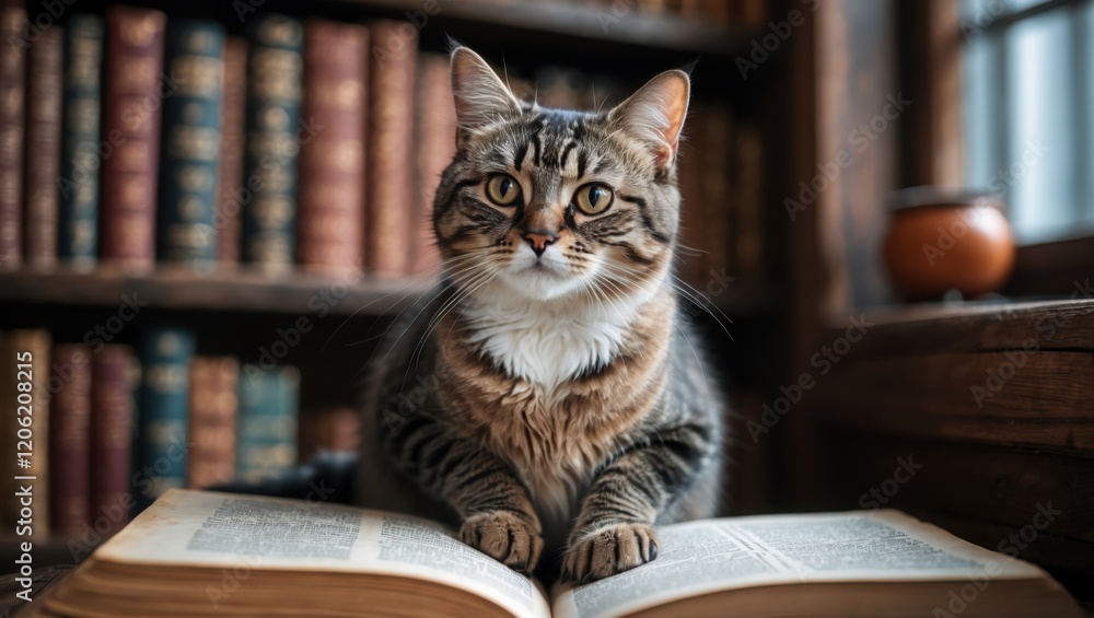 cat studying in a library sitting and reading book cat studying in a library sitting and reading book