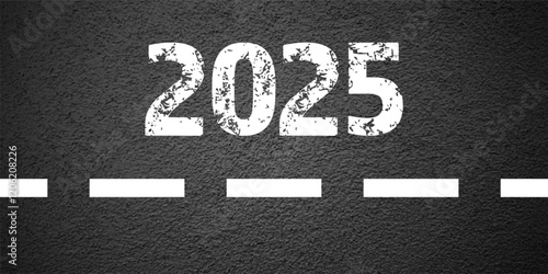 Asphalt road with white lane marking, concrete highway surface, texture. New year 2025. Street traffic line, road dividing strip. Pattern grainy structure, grunge background. Vector illustration