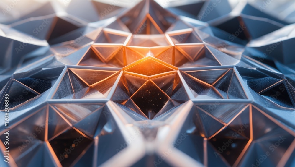Dynamic geometric shapes with metallic sheen and warm lighting in futuristic atmosphere. Dynamic geometric shapes with metallic sheen and warm lighting in futuristic atmosphere.