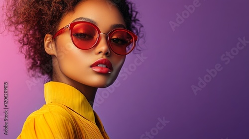 A confident woman wearing striking red sunglasses poses in a yellow outfit against a rich purple gradient backdrop, embodying a sense of fashion and boldness.