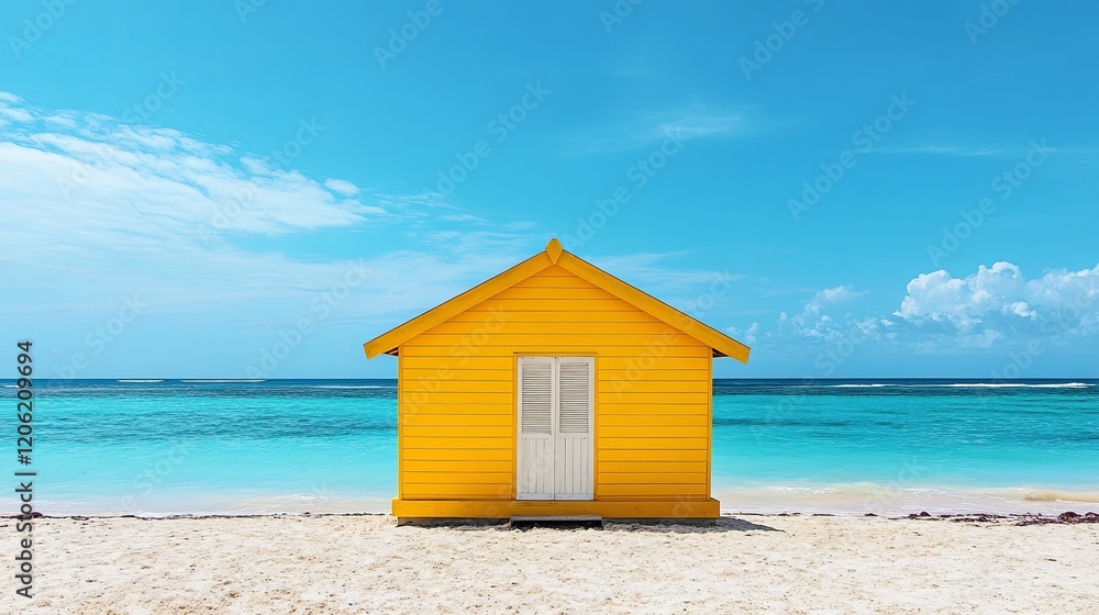 A bright yellow beach hut stands alone on the sandy shore with the turquoise ocean in the background, symbolizing solitude and tranquility on a sunny day. A bright yellow beach hut stands alone on the sandy shore with the turquoise ocean in the background, symbolizing solitude and tranquility on a sunny day.