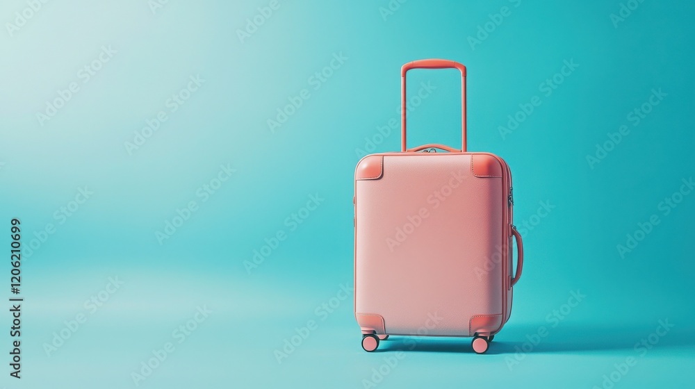 Pastel pink carry-on suitcase stands against a bright teal background. Ready for a journey! Pastel pink carry-on suitcase stands against a bright teal background. Ready for a journey!