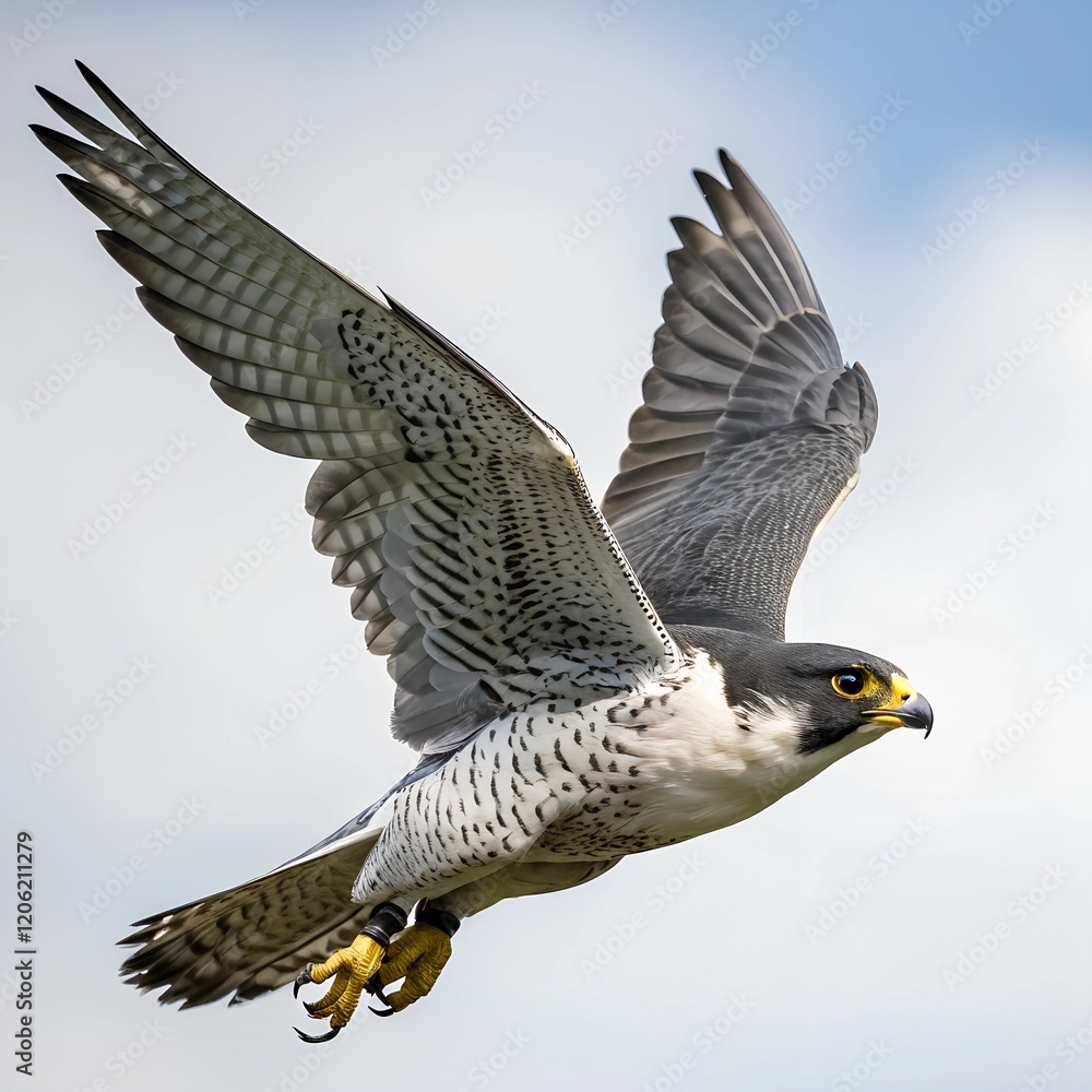 Fototapeta premium Close-up of a peregrine falcon with outstretched wings against a blue sky