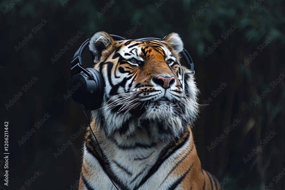 Fototapeta premium Tiger Dances to Music with Headphones on a Dark Background