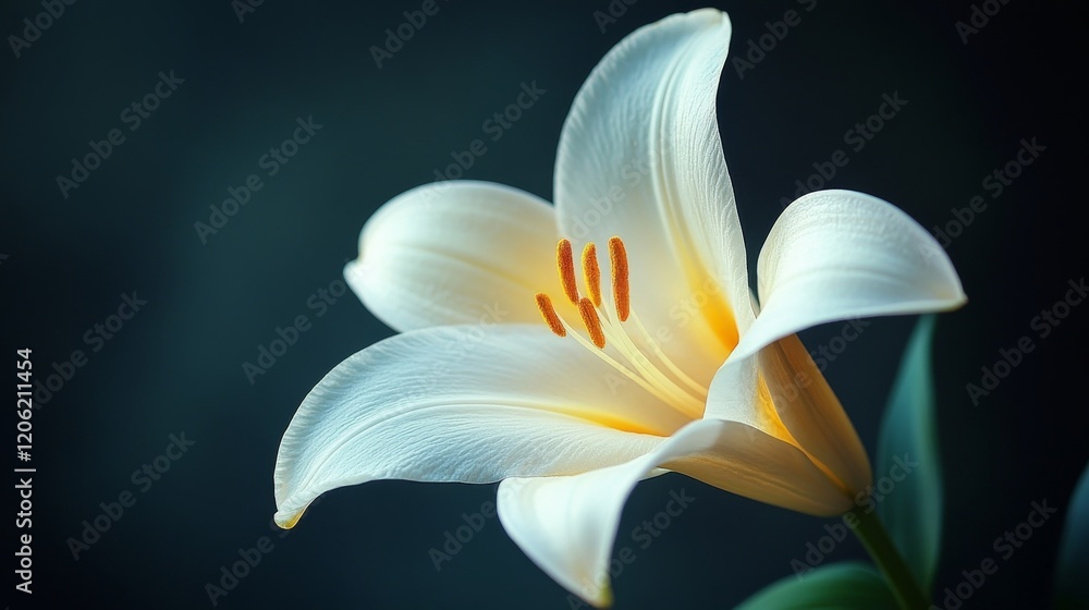 The fragile beauty of a white lily is captured in focus with its glowing petals and prominent stamens, standing out against a soothing dark green background. The fragile beauty of a white lily is captured in focus with its glowing petals and prominent stamens, standing out against a soothing dark green background.
