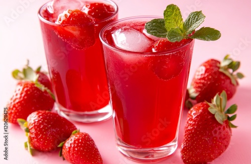 Enjoy a summer strawberry cocktail in a shot glass, accompanied by ice cubes, a strawberry slice, and a touch of green mint, all within the serene pastel pink ambiance of the kitchen