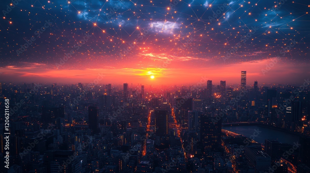 Fototapeta premium Futuristic city skyline at sunset with network connections