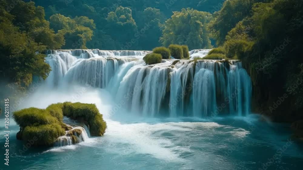 Waterfall scene in natural river, smooth repeating motion for background video animation. Waterfall scene in natural river, smooth repeating motion for background video animation.
