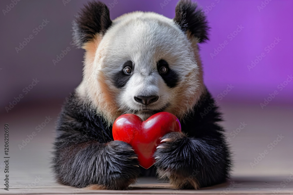 Fototapeta premium Romantic Panda Clutching Heart Against Purple Backdrop.