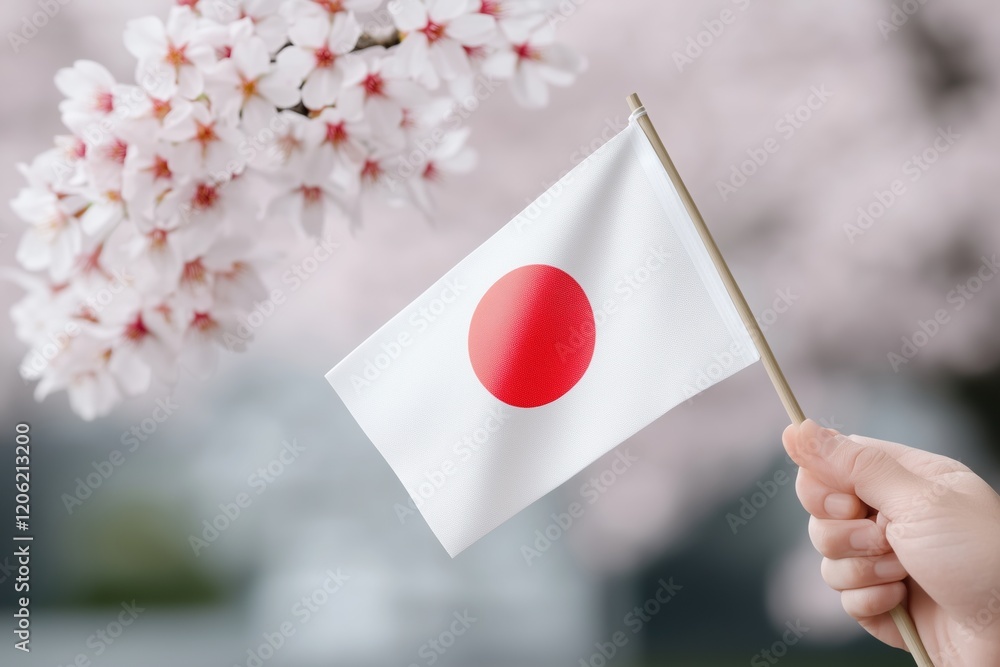 Japanese flag held by a hand in front of cherry blossoms during spring. Symbol of national pride and cultural heritage. Japanese flag held by a hand in front of cherry blossoms during spring. Symbol of national pride and cultural heritage.