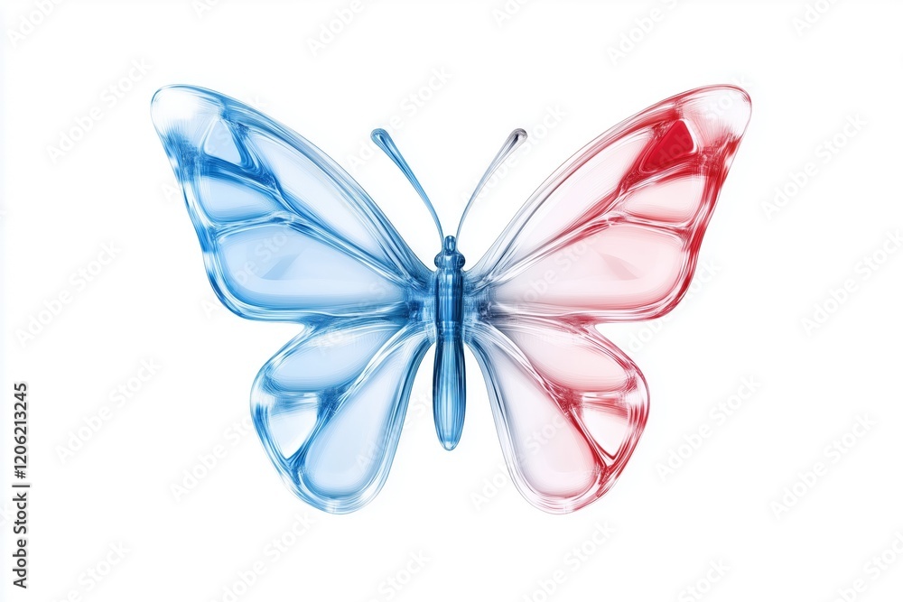 Fototapeta premium Glass butterfly in blue and red on a white background. Abstract representation of beauty and creative design.