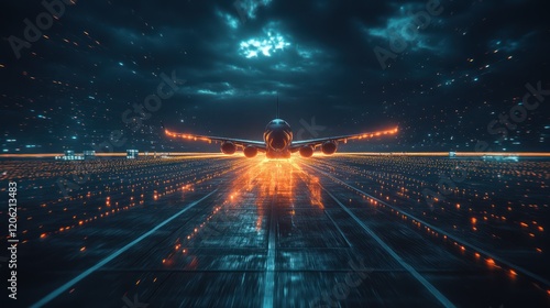 Futuristic jet taking off at night, digital runway, stormy sky photo