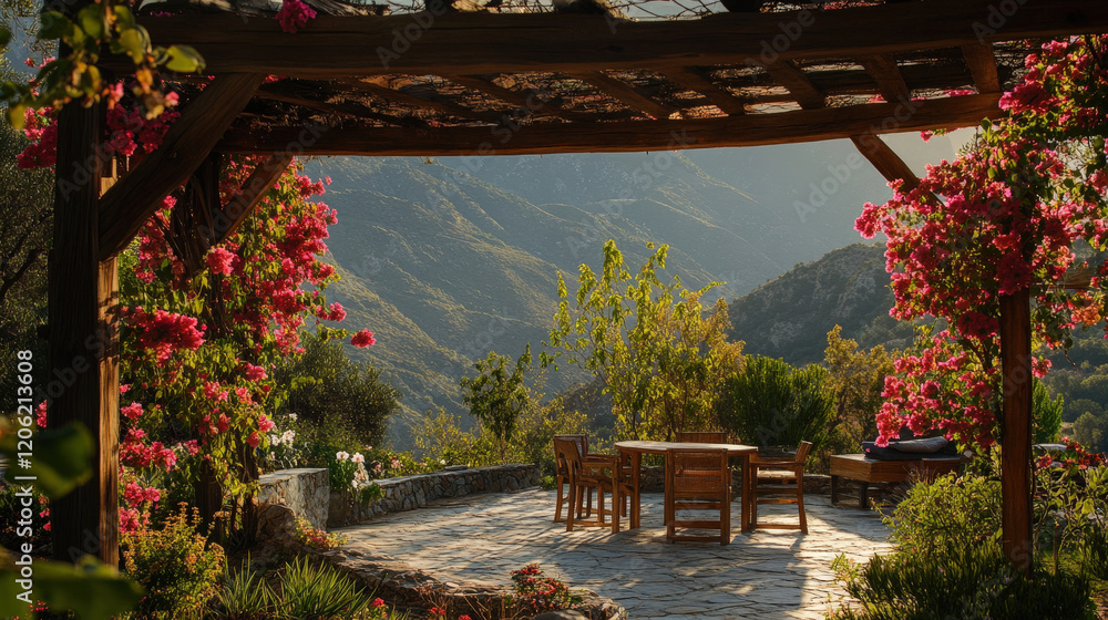 Obraz premium Pergola Dining Area with Vibrant Bougainvillea and Mountain Views