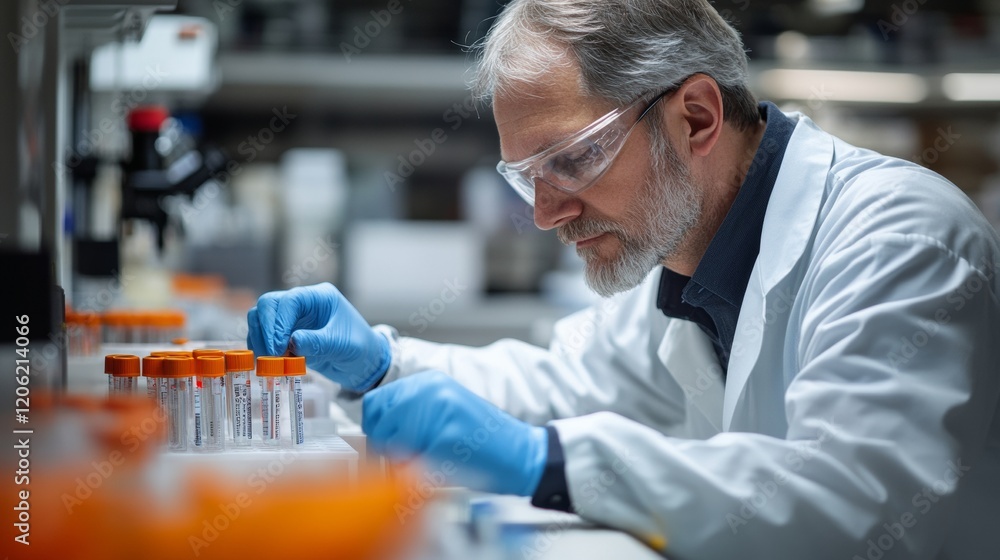 A dedicated scientist working in a laboratory, handling test tubes and samples, highlighting the critical role of science and innovation in modern-day research. A dedicated scientist working in a laboratory, handling test tubes and samples, highlighting the critical role of science and innovation in modern-day research.