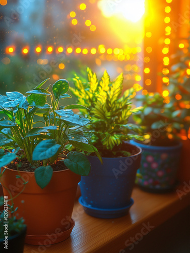 Sunlight bathes vibrant potted plants on a windowsill, with warm bokeh lights glowing in the background, creating a serene and cozy atmosphere photo