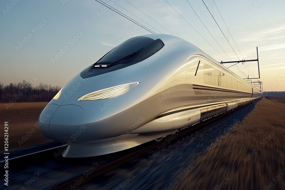 a high-speed futuristic driverless train glides along nature landscape, motion blur effect