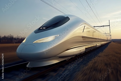 Obraz na płótnie a high-speed futuristic driverless train glides along nature landscape, motion blur effect w salonie