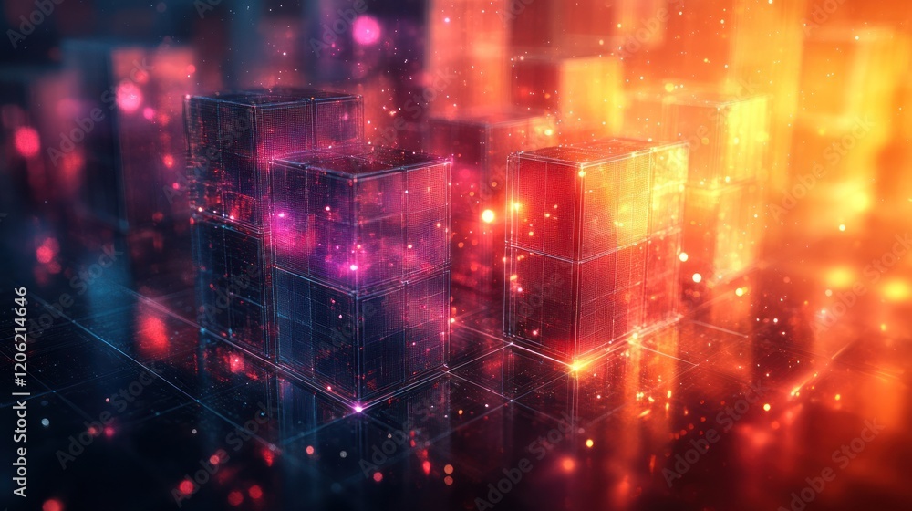 Abstract futuristic city, glowing cubes, network, vibrant lights Abstract futuristic city, glowing cubes, network, vibrant lights