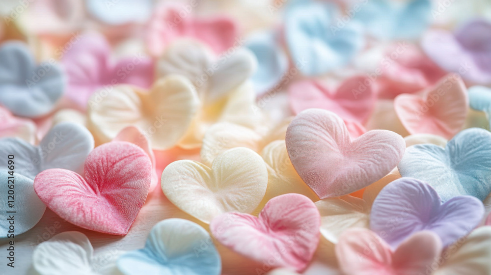 A collection of heart-shaped petals in soft pastel shades of pink, blue, and cream, scattered across the surface, creating a dreamy and romantic atmosphere. A collection of heart-shaped petals in soft pastel shades of pink, blue, and cream, scattered across the surface, creating a dreamy and romantic atmosphere.