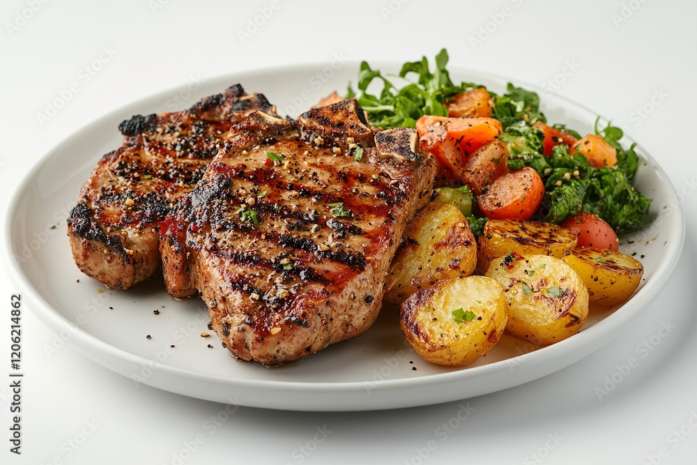 Photo of cooked meal with appetizing grilled steak, roasted garlic and salad on plate Photo of cooked meal with appetizing grilled steak, roasted garlic and salad on plate