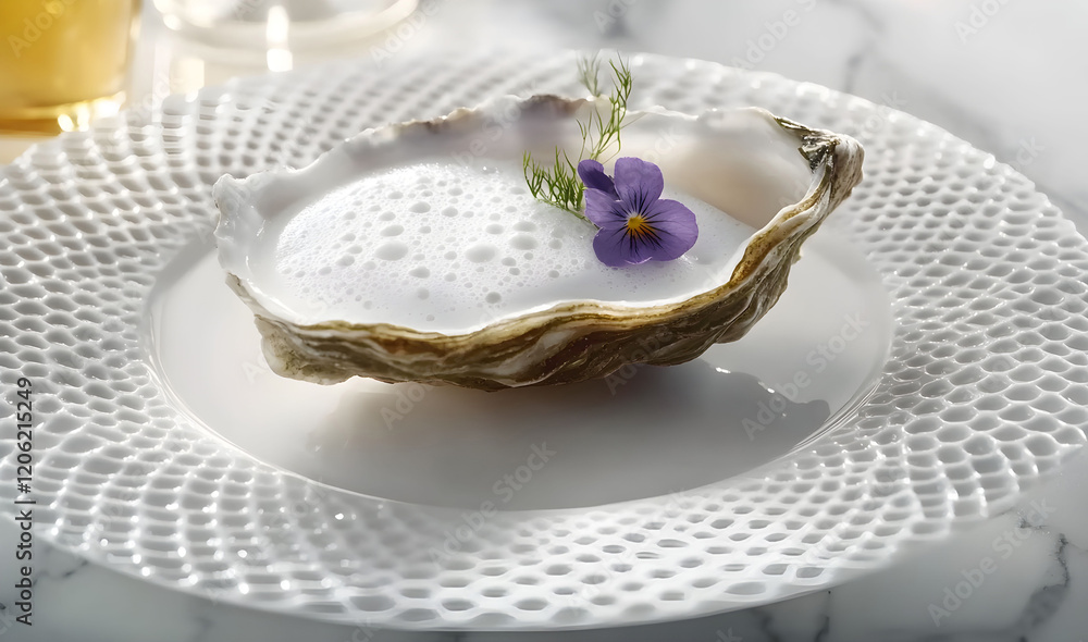 Unique oyster dish served on an artistic white plate with edible flower and foam at a gourmet restaurant during dinner Unique oyster dish served on an artistic white plate with edible flower and foam at a gourmet restaurant during dinner