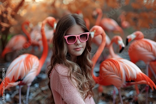 Teen in Pink Sunglasses Excelling Academically in Fall Forest photo