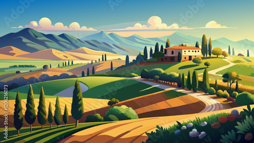 Rural view of the valley with a rolling landscape and a dirt road in Tuscany, Italy