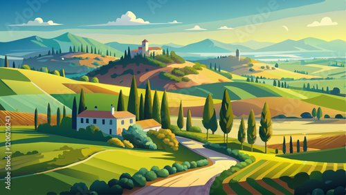 Rural view of the valley with a rolling landscape and a dirt road in Tuscany, Italy