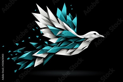 Abstract illustration of a dove made of geometric fragments in white and teal colors on a black background. Modern art and freedom theme. photo