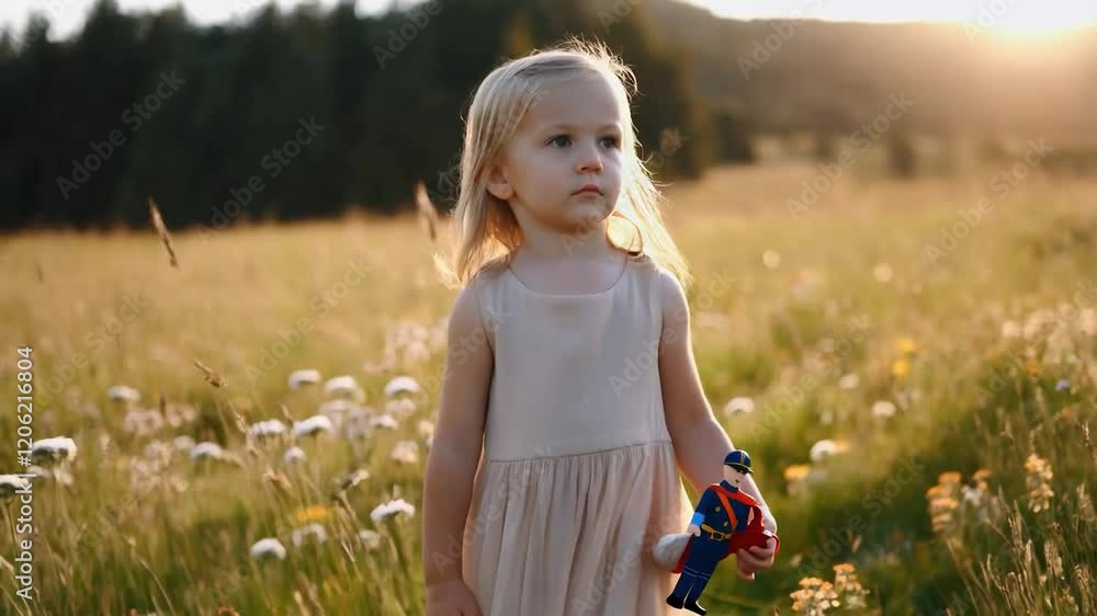 Little Girl Walking in a Field Holding Her Fallen Father's Toy Little Girl Walking in a Field Holding Her Fallen Father's Toy