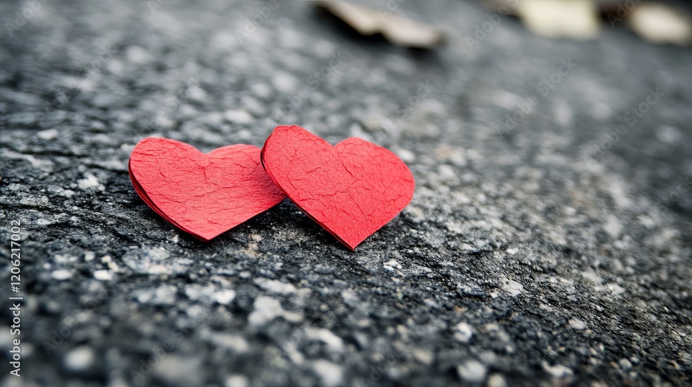Fototapeta premium Two Red Paper Hearts Romantic Love Symbolism Valentines Day Decoration Passionate Affectionate Tenderness Relationship Intimacy Closeup View Texture Background 