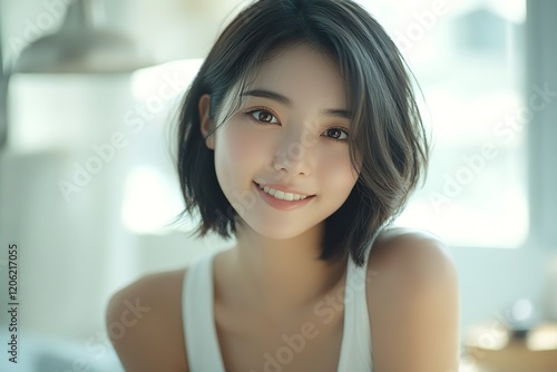 Free Download Photo of a beautiful model with short black hair, white skin, and basic makeup wearing a white tank top, smiling and looking at you indoors at home - GFXLoad