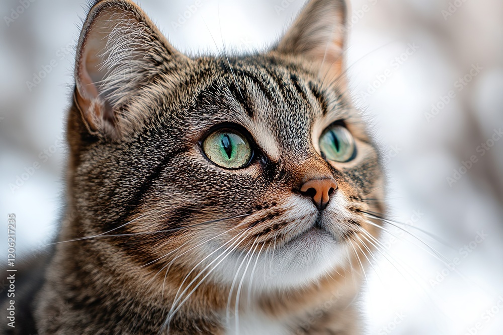 Obraz premium This is a romantic and emotional close-up photo of the face of a cute pet American Shorthair cat looking at something on a blurry background.