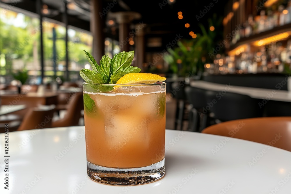 The lemon cocktail is positioned on a white table, framed by a black background The lemon cocktail is positioned on a white table, framed by a black background