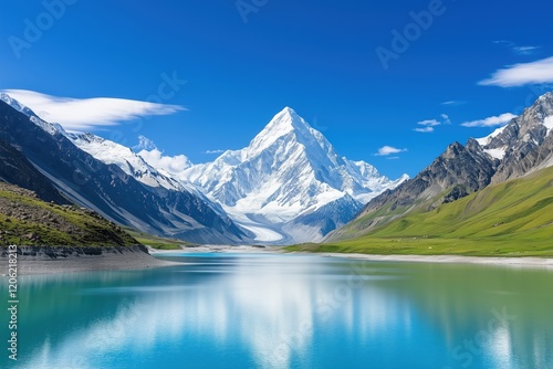 Wallpaper Mural Scenic view of snow-capped mountains reflecting in a pristine lake under a clear blue sky. natural serenity and adventure concept Torontodigital.ca