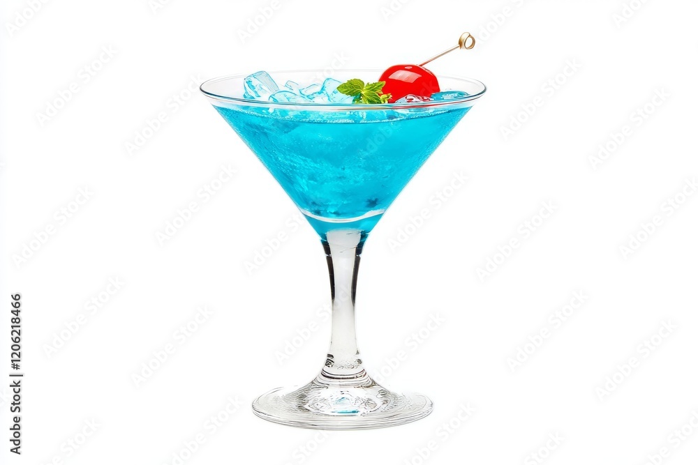 A crisp blue cocktail served in a martini glass, on a white background A crisp blue cocktail served in a martini glass, on a white background